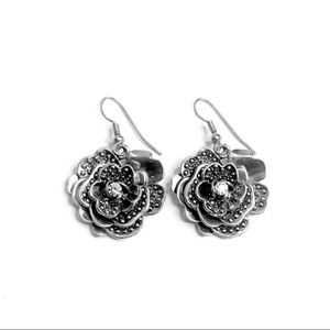Silver crystal floral 3D earrings